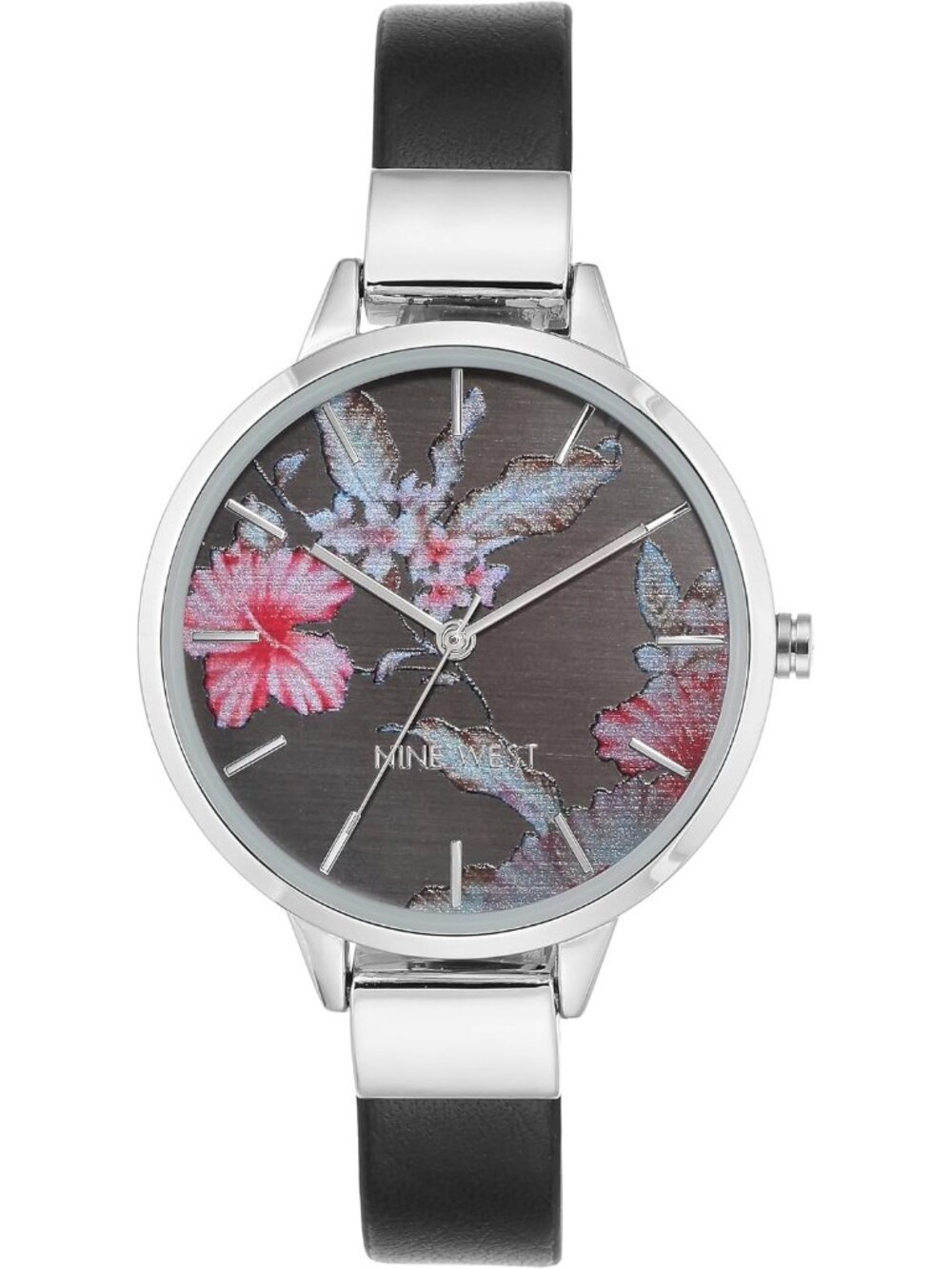 Nine West Women's Black And Silver Analog Quartz Floral Dial Smooth Strap Watch